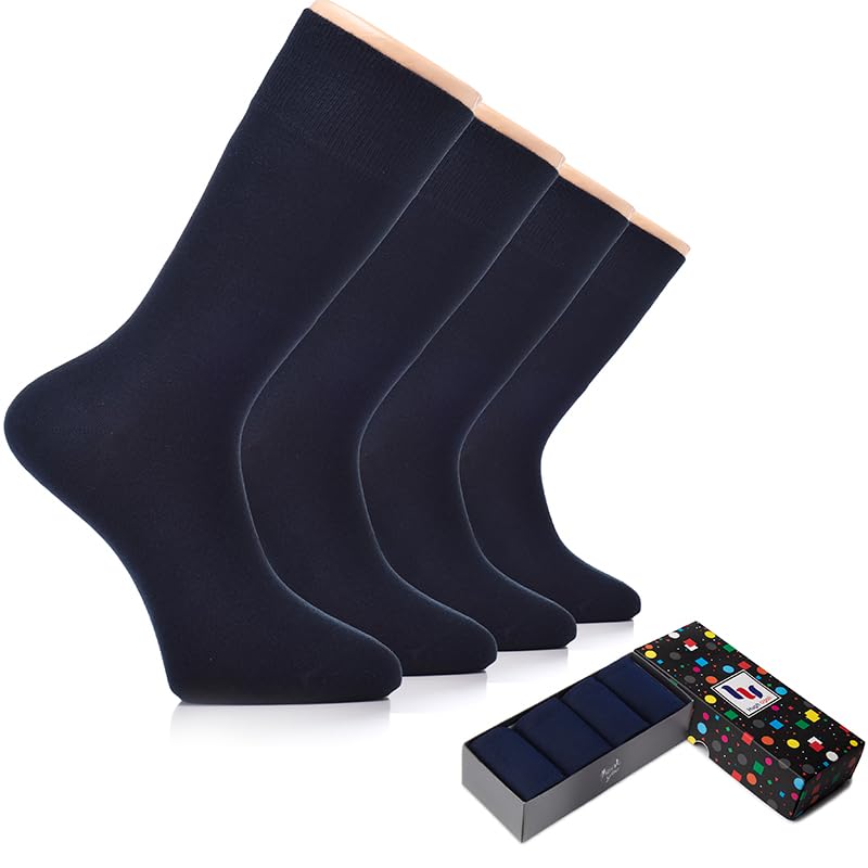 Hugh Ugoli Men's Rayon Dress Socks for Business & Trouser, Thin & Seamless Crew Socks, 4 Pairs with Gift Box, Navy Blue, Shoe Size: 8-12 - Image 1